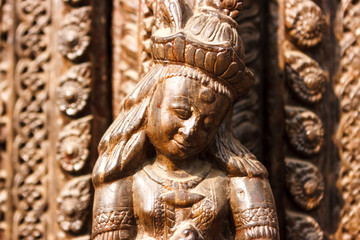 Statue and decorations of the temples in Durbar square, Kathmandu, Nepal
