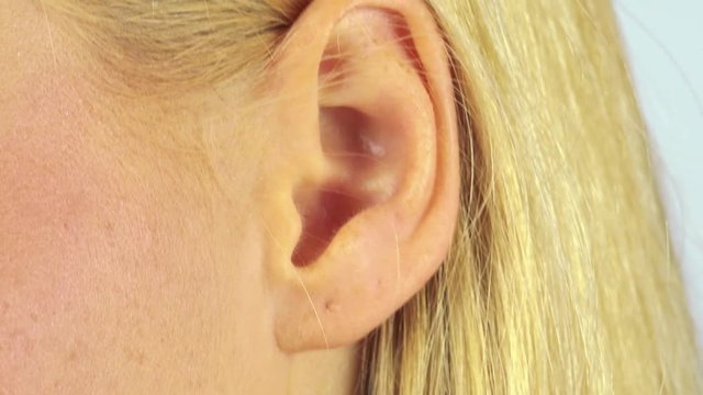 Closeup on a blonde woman's ear - white screen studio