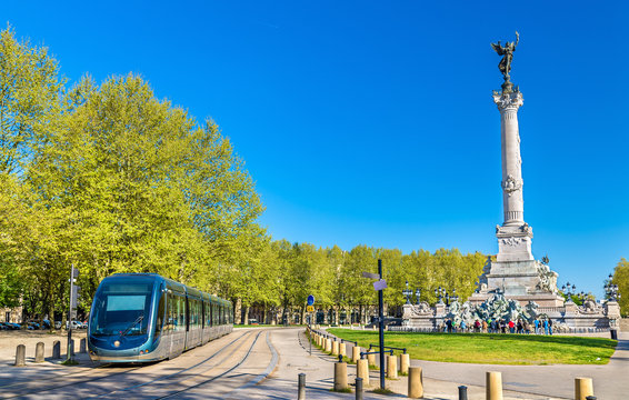 Tram near the Monument aux Girondins in Bordeaux, France