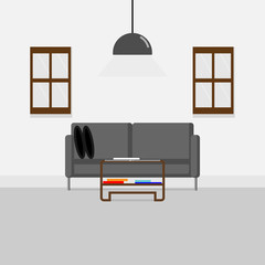 Home interior of a living room with dark gray sofa with furniture, Flat Scene Design Interior,Flat design illustration.