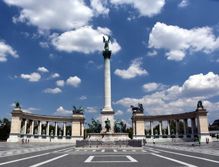 Fototapeta na wymiar Budapest, Hungary - Jul 18, 2017. Millennium Monument on the Heroes' Square or Hősök Tere is one of the major squares in Budapest Hungary. UNESCO World Heritage site since 2002.