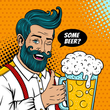 Pop art male face. Sexy bearded man open smile and big mug of beer in hand with thumb up winks and some beer? speech bubble. Vector colorful illustration in retro comic style. Party invitation poster.