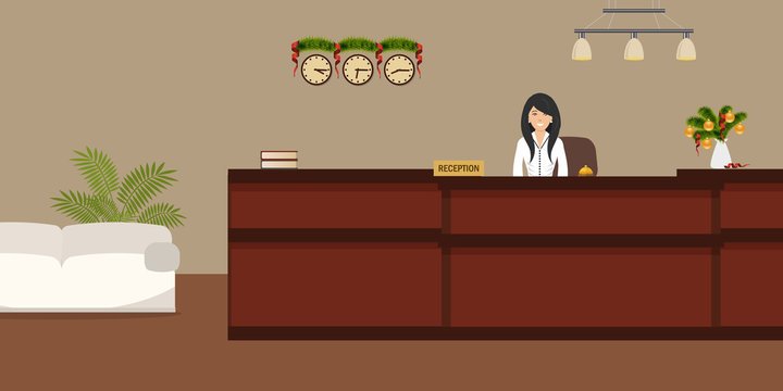 Hotel reception with Christmas decoration. Young woman receptionist stands at reception desk. Travel, hospitality, hotel booking concept. Vector illustration