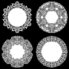 Set of design elements, lace round paper doily, doily to decorate the cake, template for cutting, snowflake, greeting element, metal plate cut by laser,  vector illustrations