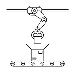 Thin line style assembly line. Automatic production conveyor. Robotic industry concept. Vector illustration.