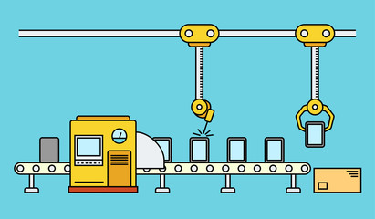 Thin line style assembly line. Automatic production conveyor. Robotic industry concept. Vector illustration.