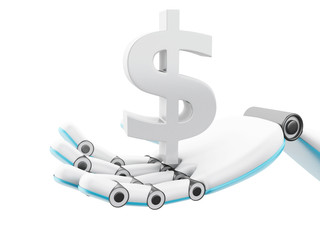 3d Robotic hand showing "$" sign