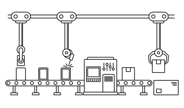 Thin line style assembly line. Automatic production conveyor. Robotic industry concept. Vector illustration.