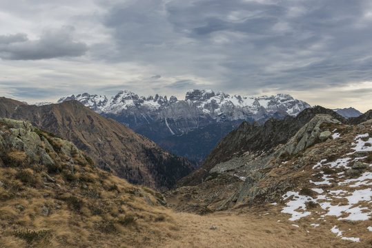 Italy, Trentino Alto Adige, Adamello Brenta Park, Brenta group view from Nambrone vally.