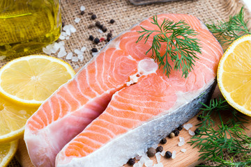 Fresh raw salmon red fish steak