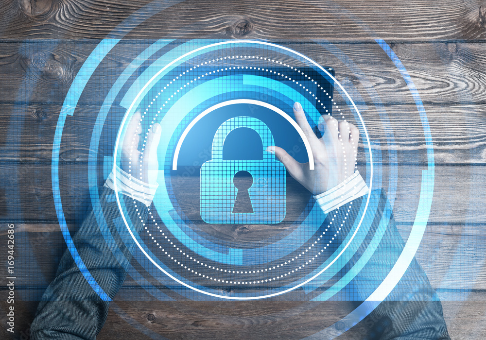 Poster concept of computer access with media lock icon on tablet screen