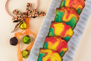 Autumn colors. Colorful vanilla cream cake.