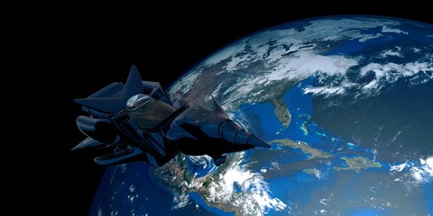 Extremely detailed and realistic high resolution 3D illustration of a Space Ship orbiting Earth. Shot from Space. Elements of this image are furnished by Nasa.