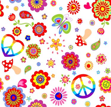Childish wallpaper with colorful hippie peace symbol, butterfly, mushroom and abstract flowers