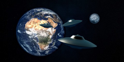 Extremely detailed and realistic high resolution 3D illustration of 3 ufos flying from Planet Earth. Shot from Space. Elements of this image are furnished by Nasa. © Sasa Kadrijevic