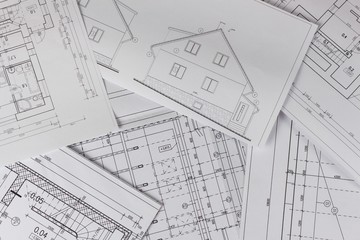 Plans of building. Architectural project. Floor plan designed building on the drawing. Engineering and technical drawing, part of architectural project.