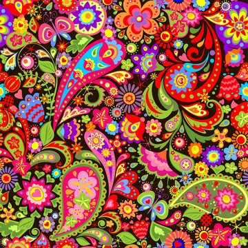 Summery decorative wallpaper with colorful flowers and paisley