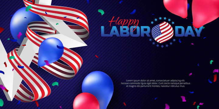 Greeting card or banner in horizontal orientation to Happy Labor Day with balloons, white star and striped ribbon. Vector illustration on dark blue background