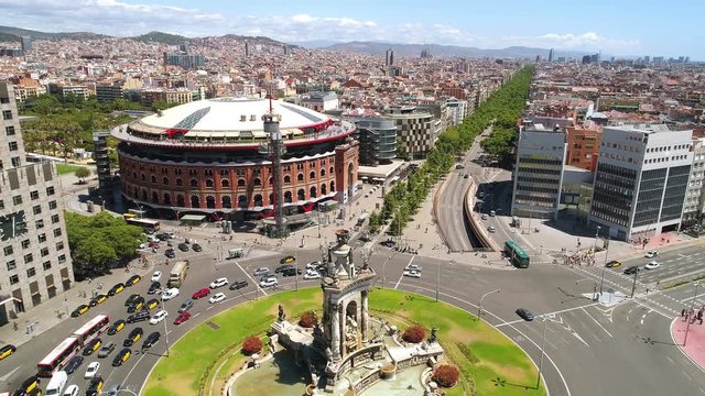 Aerial view of Espanya square Barcelona Spain, sunny summer day