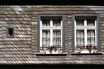 Schindeldach mit Dachfenstern  / Ein Schindeldach mit zwei Dachfenstern und Blumenkästen.