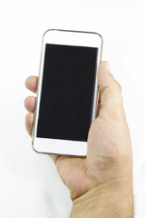 Man hand holding white smartphone with blank screen in little angled position - isolaten on white background