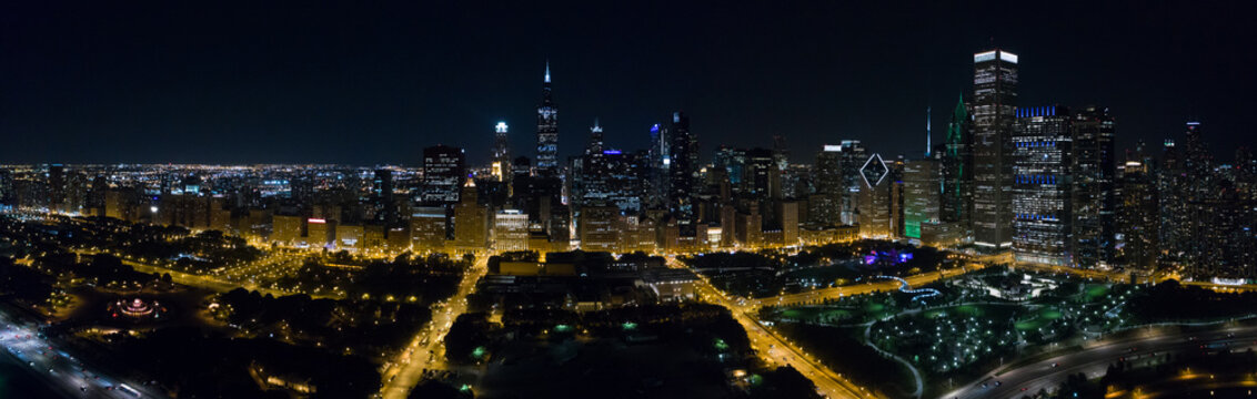 Aerial Downtown Chicago At Night