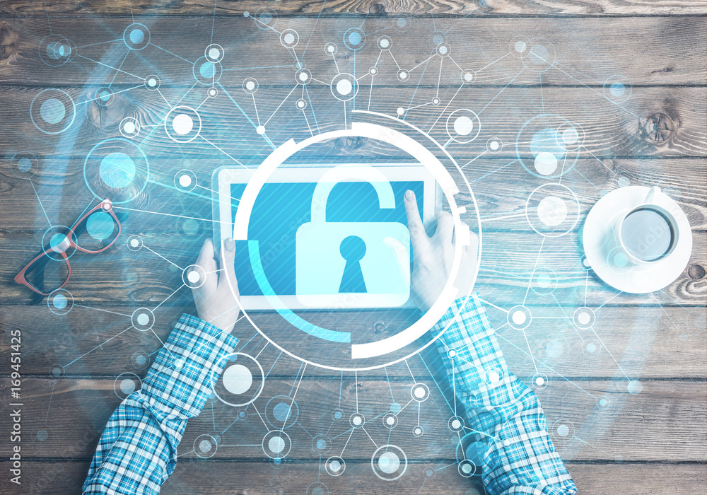 Poster concept of computer access with media lock icon on tablet screen