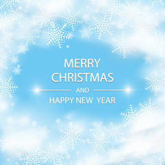 Obraz na płótnie Canvas Merry Christmas and New Year 2018 typographical on holidays background with winter landscape with snowflakes, light, stars. Vector. Xmas card