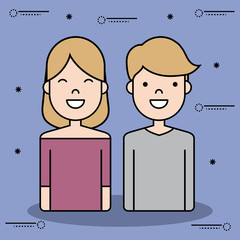 cartoon young man and woman icon over purple background colorful design vector illustration