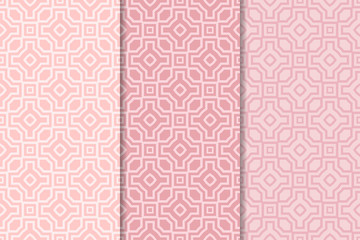 Geometric set of pale pink seamless patterns for design