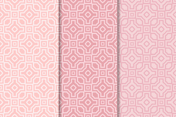 Geometric set of pale pink seamless patterns for design
