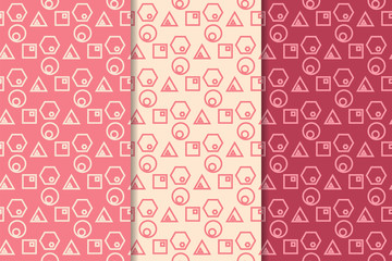 Geometric set of cherry red seamless patterns for design