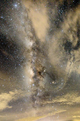 Fog, milky way and nebula in Thailand outback. Beautiful milky way astrophotography background.