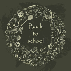 Infographics advertising banner poster menu template. Round shape. Back to school. Chalk outlined objects, blackboard background. Learning, study, poster, flyer, design.