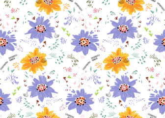 Abstract spring orange and purple flowers and seeds