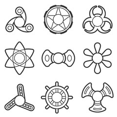 Extra style hand fidget spinner toy vector line style icon set. Stress and anxiety relief. Colorful illustrations, logo design