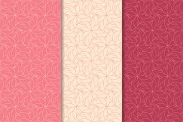 Set of floral colored seamless patterns. Cherry red backgrounds