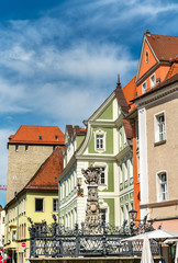 Fototapeta premium Fountain on Neupfarrplatz in Regensburg - Bavaria, Germany