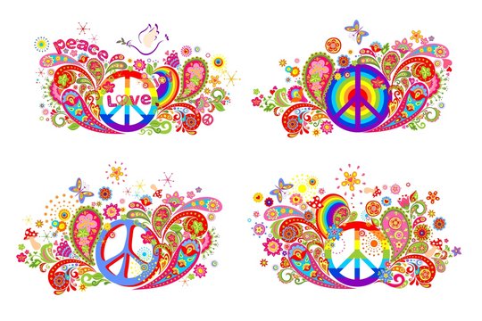 T-shirt prints with hippie peace symbol and flower-power