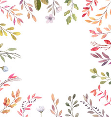 Hand drawn watercolor illustrations. Autumn Botanical border. Set of fall leaves and branches. Floral frame. Perfect for invitations, greeting cards, blogs, posters, prints