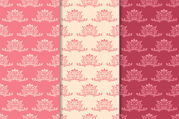 Set of red and pink floral seamless patterns
