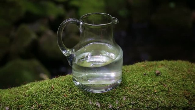 glass carafe with fresh water and creek with green moss in the background
