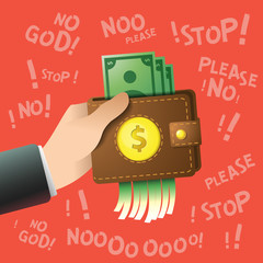 Brown wallet shredder. Destruction of money. Hand with a purse with dollar cash, coins, debit credit cards inside and locked pad lock with paper. vector illustration in flat design on red background.