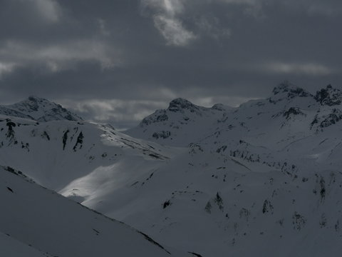 Snow-capped mountains in twilight time