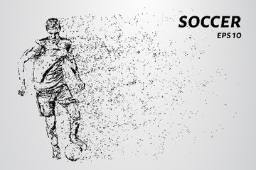 Soccer of the particles carries in the wind. Silhouette of a soccer player from circles.