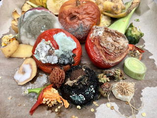 Verschimmeltes Obst und Gemüse auf grauem Papier
