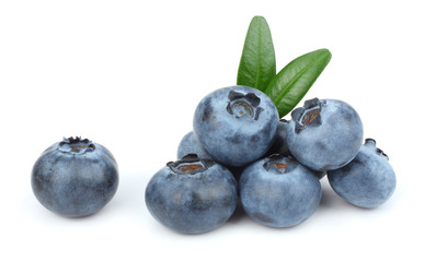 blueberries with green leaf isolated on white background. macro