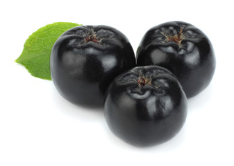 Chokeberry with leaf isolated on white background. Black aronia.