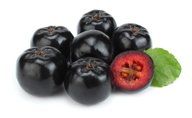 Chokeberry with leaf isolated on white background. Black aronia.