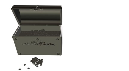 3d rendering of a reflective treasure box with coins near it
